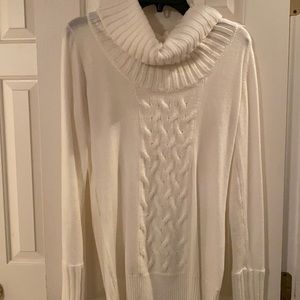 White sweater dress with cowl neck